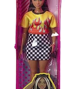 Barbie Fashionistas Doll, Curvy, Long Highlighted Hair & Flame Crop Top, Checkered Skirt, Sneakers & Sunglasses, Toy for Kids 3 to 8 Years Old