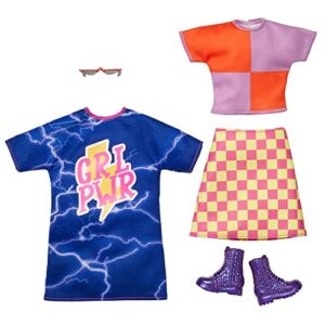 barbie fashions 2-pack clothing set, 2 outfits for barbie doll includes color-blocked shirt with checkered skirt, a “grl pwr” blue sweatshirt dress & 2 accessories, gift for kids 3 to 8 years old