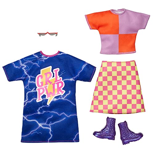 Barbie Fashions 2-Pack Clothing Set, 2 Outfits for Barbie Doll Includes Color-blocked Shirt with Checkered Skirt, a “GRL PWR” Blue Sweatshirt Dress & 2 Accessories, Gift for Kids 3 to 8 Years Old