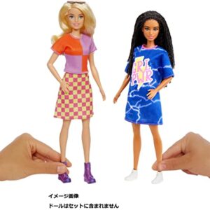 Barbie Fashions 2-Pack Clothing Set, 2 Outfits for Barbie Doll Includes Color-blocked Shirt with Checkered Skirt, a “GRL PWR” Blue Sweatshirt Dress & 2 Accessories, Gift for Kids 3 to 8 Years Old