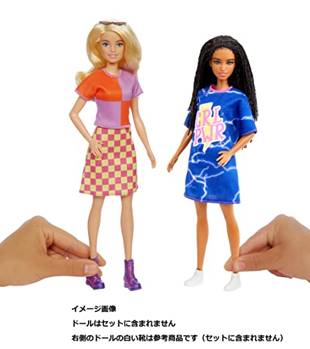 Barbie Fashions 2-Pack Clothing Set, 2 Outfits for Barbie Doll Includes Color-blocked Shirt with Checkered Skirt, a “GRL PWR” Blue Sweatshirt Dress & 2 Accessories, Gift for Kids 3 to 8 Years Old