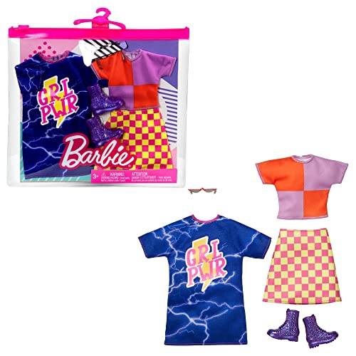 Barbie Fashions 2-Pack Clothing Set, 2 Outfits for Barbie Doll Includes Color-blocked Shirt with Checkered Skirt, a “GRL PWR” Blue Sweatshirt Dress & 2 Accessories, Gift for Kids 3 to 8 Years Old