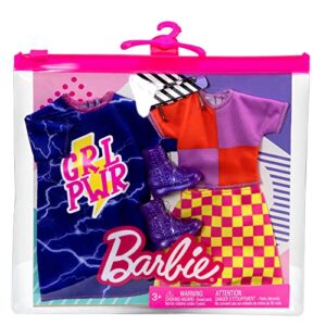 Barbie Fashions 2-Pack Clothing Set, 2 Outfits for Barbie Doll Includes Color-blocked Shirt with Checkered Skirt, a “GRL PWR” Blue Sweatshirt Dress & 2 Accessories, Gift for Kids 3 to 8 Years Old