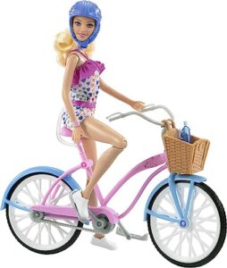 barbie doll & bike set with accessories, blonde in rainbow romper with pink & blue bicycle, helmet, basket & water bottle