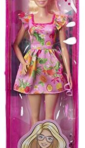 Barbie Fashionistas Doll, with Blonde Hair & Fruit Print Dress, Ruffled Sleeves, Orange Platform Heels, Pink Eyeglasses, Toy for Kids 3 to 8 Years Old