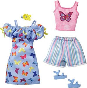 barbie fashions 2-pack clothing set, 2 outfits for barbie doll includes off-the-shoulder butterfly print dress, butterfly tank & blue shorts & 2 accessories, gift for kids 3 to 8 years old