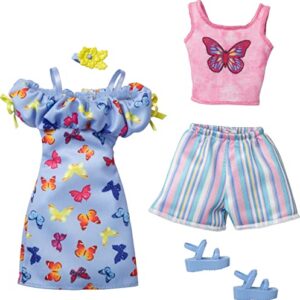 Barbie Fashions 2-Pack Clothing Set, 2 Outfits for Barbie Doll Includes Off-the-Shoulder Butterfly Print Dress, Butterfly Tank & Blue Shorts & 2 Accessories, Gift for Kids 3 to 8 Years Old