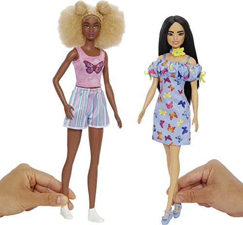 Barbie Fashions 2-Pack Clothing Set, 2 Outfits for Barbie Doll Includes Off-the-Shoulder Butterfly Print Dress, Butterfly Tank & Blue Shorts & 2 Accessories, Gift for Kids 3 to 8 Years Old