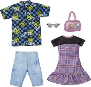 barbie ken fashions 2-pack clothing set, 1 outfit & accessory for barbie doll: plaid dress & purse, 1 outfit & accessory for ken doll: smiley face dress shirt & denim shorts