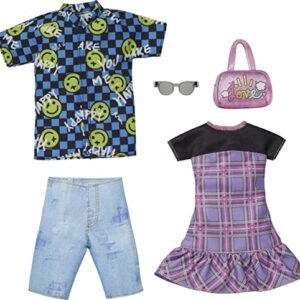 Barbie Ken Fashions 2-Pack Clothing Set, 1 Outfit & Accessory for Barbie Doll: Plaid Dress & Purse, 1 Outfit & Accessory for Ken Doll: Smiley Face Dress Shirt & Denim Shorts