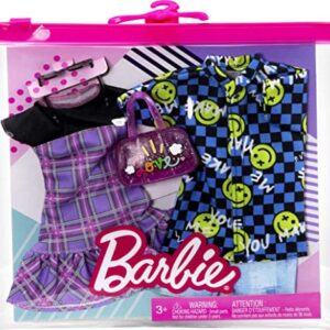 Barbie Ken Fashions 2-Pack Clothing Set, 1 Outfit & Accessory for Barbie Doll: Plaid Dress & Purse, 1 Outfit & Accessory for Ken Doll: Smiley Face Dress Shirt & Denim Shorts