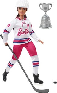 barbie hockey player fashion dolll with curvy shape & brunette hair, sports theme with jersey helmet & hockey accessories