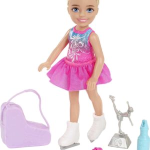 Barbie Chelsea Can Be Doll & Playset, Blonde Ice Skater Small Doll with Removable Outfit & 6 Career Accessories