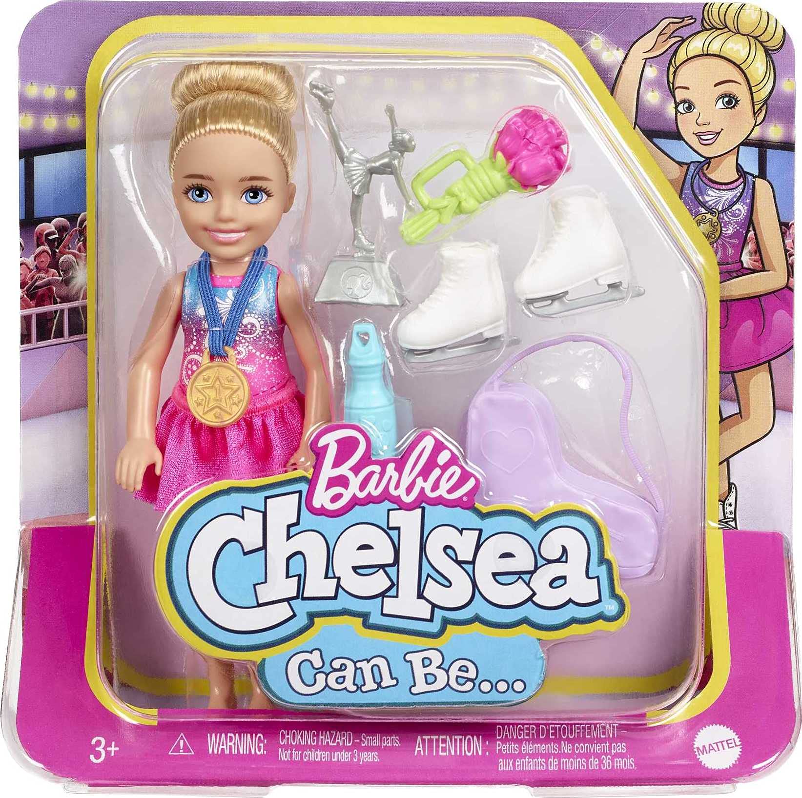 Barbie Chelsea Can Be Doll & Playset, Blonde Ice Skater Small Doll with Removable Outfit & 6 Career Accessories