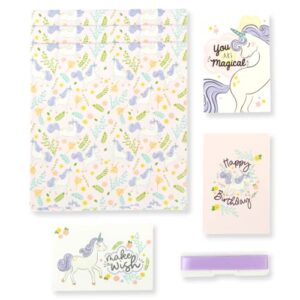 unicorn wrapping paper for girls - premium pink wrapping paper kids bundle includes 3 folded sheets 30 x 20 inches, 3 coordinating gift cards and ribbon great for unicorn birthday party decorations and gift wrapping paper