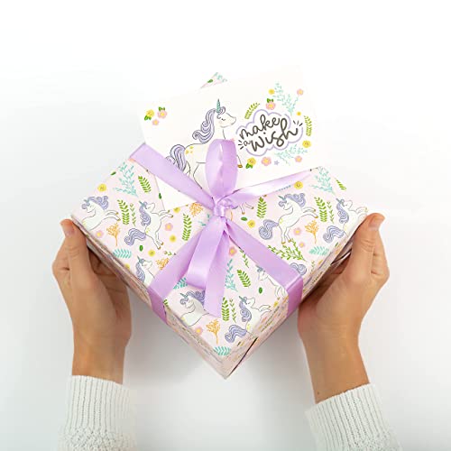 Unicorn Wrapping Paper for Girls - Premium Pink Wrapping Paper Kids Bundle includes 3 Folded Sheets 30 x 20 inches, 3 Coordinating Gift Cards and Ribbon Great for Unicorn Birthday Party Decorations and Gift Wrapping Paper