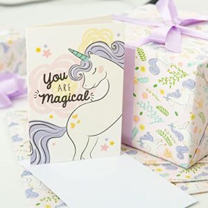 Unicorn Wrapping Paper for Girls - Premium Pink Wrapping Paper Kids Bundle includes 3 Folded Sheets 30 x 20 inches, 3 Coordinating Gift Cards and Ribbon Great for Unicorn Birthday Party Decorations and Gift Wrapping Paper