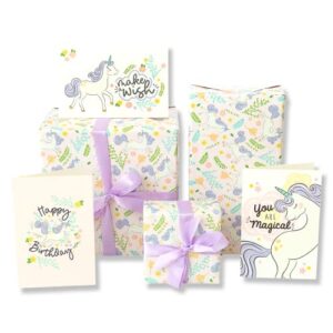 Unicorn Wrapping Paper for Girls - Premium Pink Wrapping Paper Kids Bundle includes 3 Folded Sheets 30 x 20 inches, 3 Coordinating Gift Cards and Ribbon Great for Unicorn Birthday Party Decorations and Gift Wrapping Paper