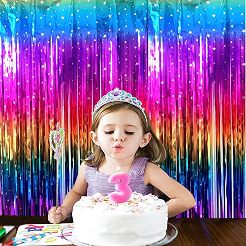 Sparkly Rainbow Gradient Tinsel Foil Fringe Curtain Metallic Streamers for Birthday Party Decorations Wedding Graduation Baby Shower Bachelorette Photo Booth Props 2 Packs