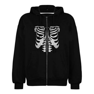 women's y2k hoodie vintage skeleton print oversized zip up sweatshirt pullover sweatshirt 90s cardigan streetwear (black skeleton, large)