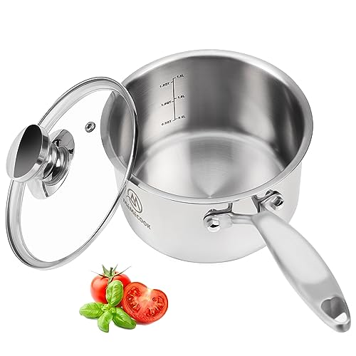 MÉMÉCOOK 2 Quart Saucepan With Lid, Stainless Steel Pot, Sauce Pan, Cooking Pot, Saucepans Full Body Tri-Ply 18/8 Food Grade, Stainless Steel Pots, Small Saucepan, Small Pot, Small Pots For Cooking