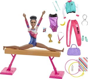 barbie gymnastics playset with doll and 15+ accessories, twirling gymnast toy with balance beam, brunette doll