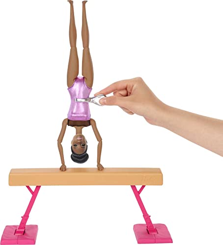 Barbie Gymnastics Playset with Doll and 15+ Accessories, Twirling Gymnast Toy with Balance Beam, Brunette Doll