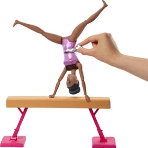 Barbie Gymnastics Playset with Doll and 15+ Accessories, Twirling Gymnast Toy with Balance Beam, Brunette Doll