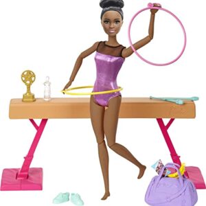 Barbie Gymnastics Playset with Doll and 15+ Accessories, Twirling Gymnast Toy with Balance Beam, Brunette Doll