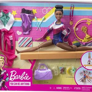 Barbie Gymnastics Playset with Doll and 15+ Accessories, Twirling Gymnast Toy with Balance Beam, Brunette Doll