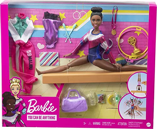 Barbie Gymnastics Playset with Doll and 15+ Accessories, Twirling Gymnast Toy with Balance Beam, Brunette Doll