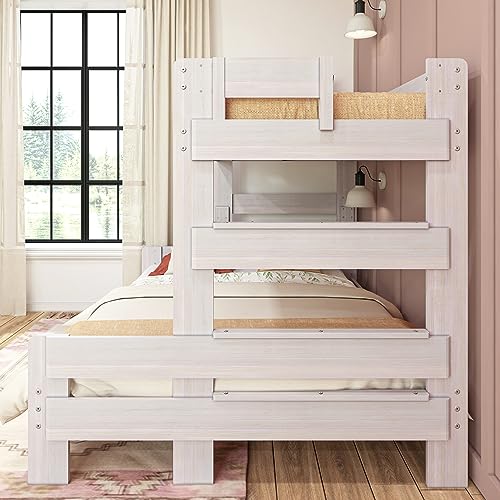 Max & Lily Bunk Bed, Twin XL-Over-Queen Bed Frame For Kids, Solid Wood Bunk Bed for Kids, No Box Spring Needed, White Wash