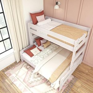 Max & Lily Bunk Bed, Twin XL-Over-Queen Bed Frame For Kids, Solid Wood Bunk Bed for Kids, No Box Spring Needed, White Wash