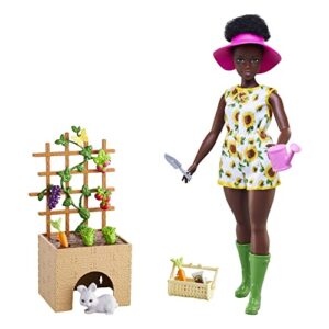 barbie doll & gardening playset with brunette doll, bunny, lattice with plug-and-play produce & garden accessories