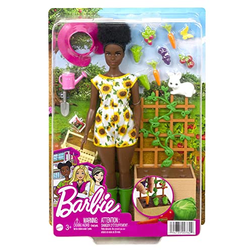 Barbie Doll & Gardening Playset with Brunette Doll, Bunny, Lattice with Plug-and-Play Produce & Garden Accessories
