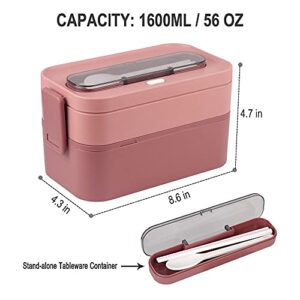 NatraProw Bento Lunch Box for Adults, 2 Layers Stackable Lunch Container, 1600ml Large bento Box for Adults, Built-in Utensils, Microwave Safe Bento Boxes, Leakproof, BPA Free, Pink