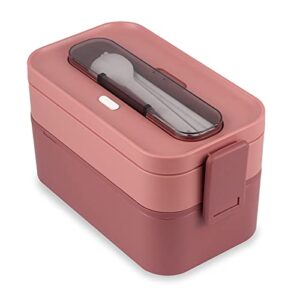 natraprow bento lunch box for adults, 2 layers stackable lunch container, 1600ml large bento box for adults, built-in utensils, microwave safe bento boxes, leakproof, bpa free, pink