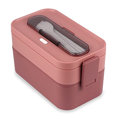 NatraProw Bento Lunch Box for Adults, 2 Layers Stackable Lunch Container, 1600ml Large bento Box for Adults, Built-in Utensils, Microwave Safe Bento Boxes, Leakproof, BPA Free, Pink