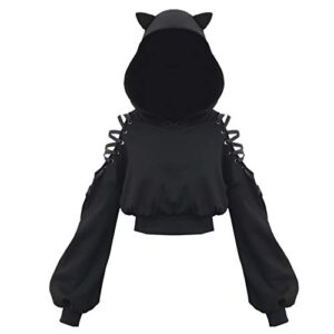 yanoolh women cat ear hoodies long sleeve off shoulder cute crop top pullover hoodie sweatshirt black l