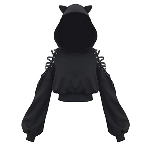 YANOOLH Women Cat Ear Hoodies Long Sleeve Off Shoulder Cute Crop Top Pullover Hoodie Sweatshirt Black L