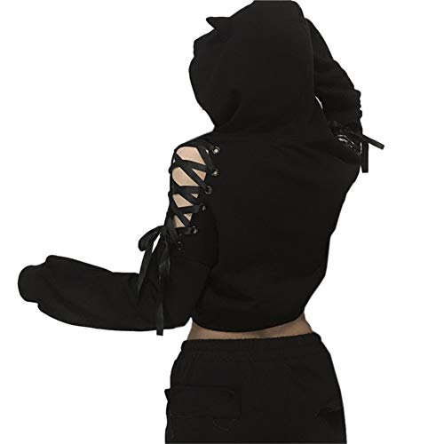 YANOOLH Women Cat Ear Hoodies Long Sleeve Off Shoulder Cute Crop Top Pullover Hoodie Sweatshirt Black L