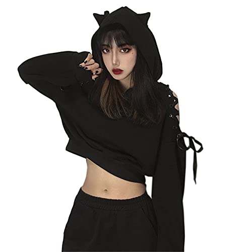 YANOOLH Women Cat Ear Hoodies Long Sleeve Off Shoulder Cute Crop Top Pullover Hoodie Sweatshirt Black L