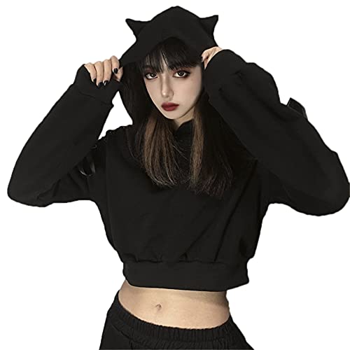 YANOOLH Women Cat Ear Hoodies Long Sleeve Off Shoulder Cute Crop Top Pullover Hoodie Sweatshirt Black L