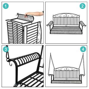 Upgraded Metal Patio Porch Swing, 800 LBS Weight Capacity Steel Porch Swing Chair for Outdoors, Heavy Duty Swing Chair Bench for Gardens & Yards, Bent Armrest Metal Porch Bench with Hanging Chains