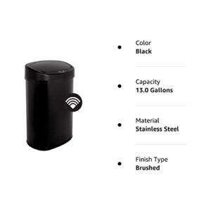 FFBag Kitchen Trash Can with Lid, 13 Gallon/50 Liter Automatic Sensor Touch Free Garbage Can Durable Touchless Stainless Steel Brushed Waste Bin for Bathroom Bedroom Home Office Black