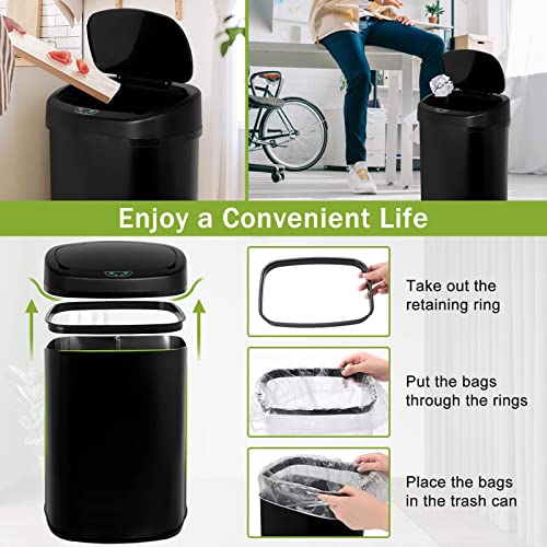 FFBag Kitchen Trash Can with Lid, 13 Gallon/50 Liter Automatic Sensor Touch Free Garbage Can Durable Touchless Stainless Steel Brushed Waste Bin for Bathroom Bedroom Home Office Black