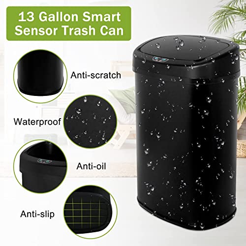 FFBag Kitchen Trash Can with Lid, 13 Gallon/50 Liter Automatic Sensor Touch Free Garbage Can Durable Touchless Stainless Steel Brushed Waste Bin for Bathroom Bedroom Home Office Black