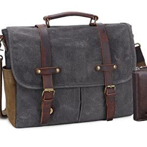 Messenger Bag for Men, 15.6 Inch Waterproof Vintage Genuine Leather Laptop Briefcase Waxed Canvas Large Computer Satchel bag Travel Leather Shoulder Work Bag with Key Bag (Dark grey)