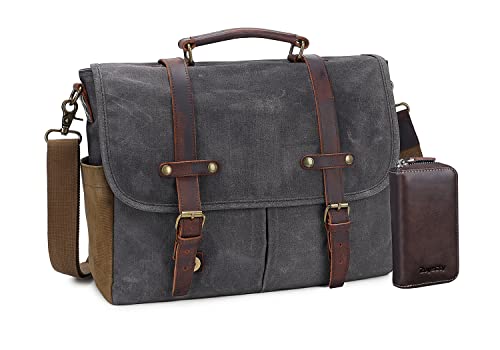 Messenger Bag for Men, 15.6 Inch Waterproof Vintage Genuine Leather Laptop Briefcase Waxed Canvas Large Computer Satchel bag Travel Leather Shoulder Work Bag with Key Bag (Dark grey)