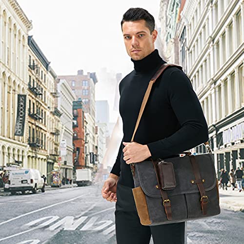 Messenger Bag for Men, 15.6 Inch Waterproof Vintage Genuine Leather Laptop Briefcase Waxed Canvas Large Computer Satchel bag Travel Leather Shoulder Work Bag with Key Bag (Dark grey)